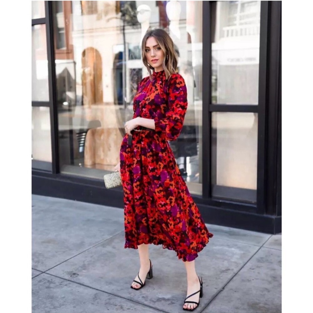 Saylor Ally midi floral dress painterly poppy orange purple red long sleeve S